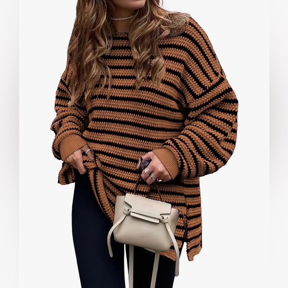 Striped Brown and Black Oversized Crew Neck Sweater